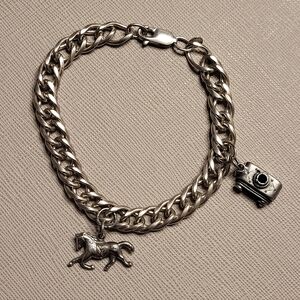 VTG Sterling Silver 925 Charm Bracelet 7.5" + 2 Charms Horse & Camera Opens